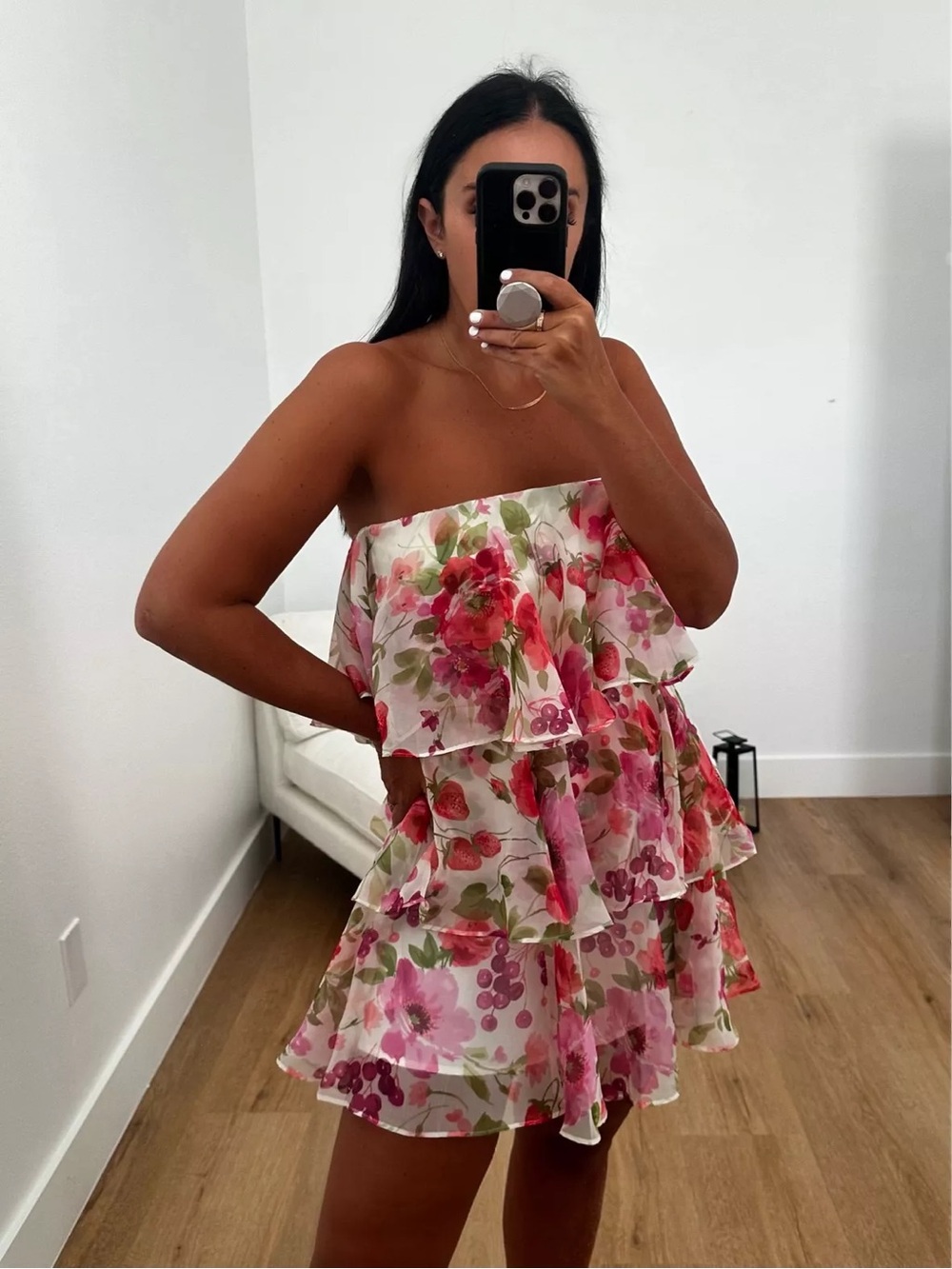 Abercrombie & Fitch Strapless Floral Tiered Mini Dress in Pink and Green